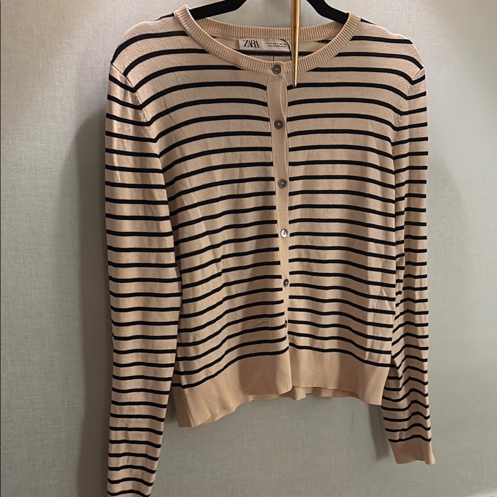 Zara Beige and Black Striped Lightweight Thin Cardigan